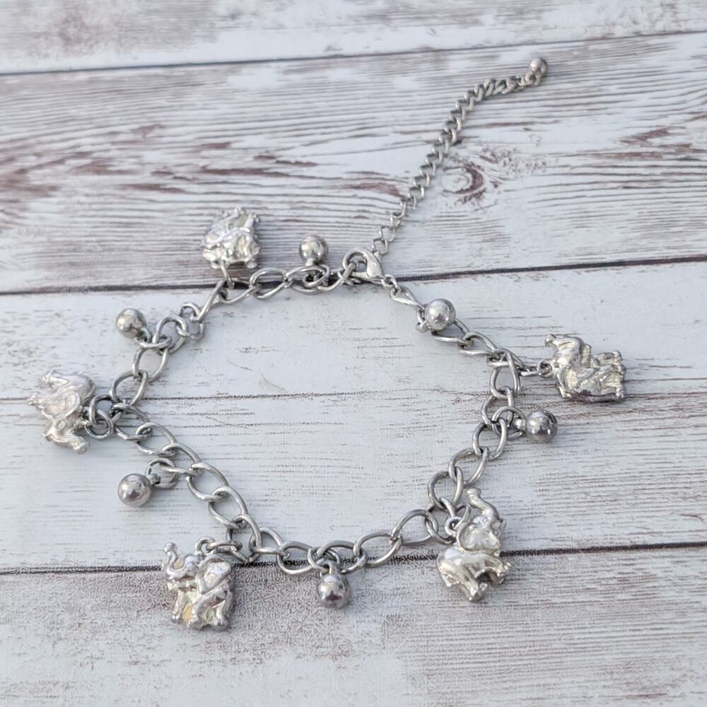 Silver Tone Elephant Charm Bracelet - Large Size - Tarnish/Discoloration